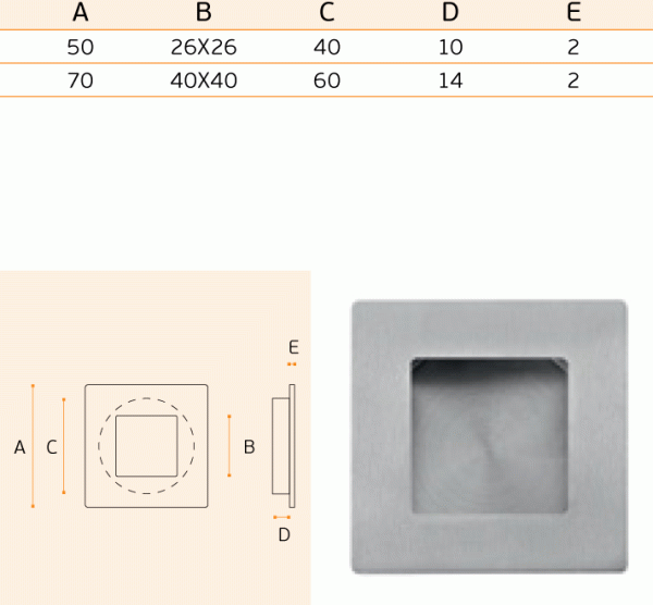 JNF IN.16.223.50, schuifdeurkom vierkant, 50 x 50 mm, RVS