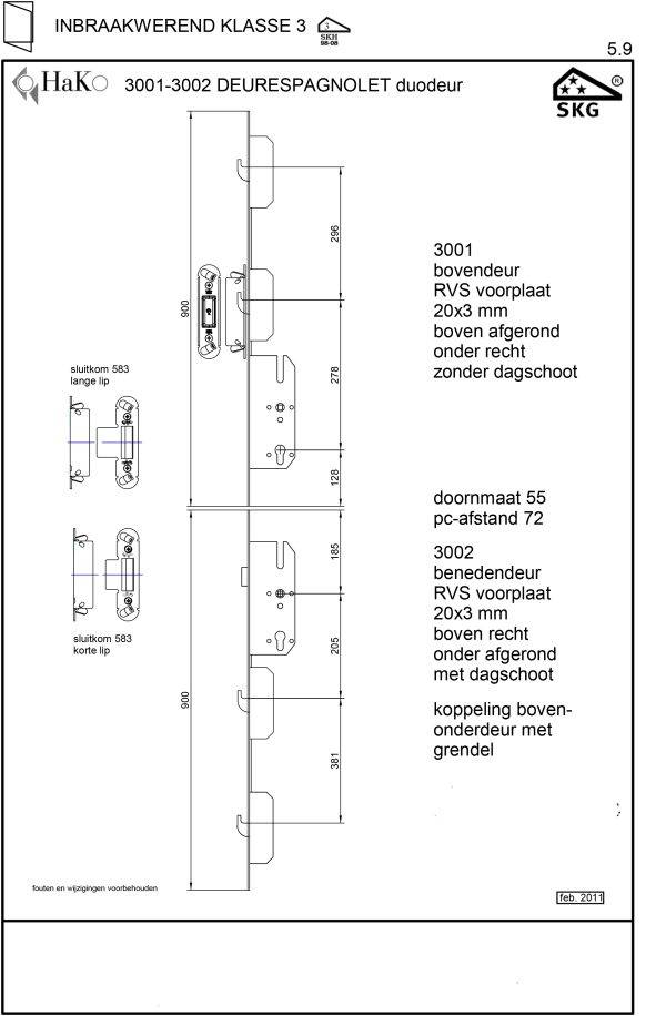Hako 3001-3002 meerpuntsluiting voor boerendeuren 55/72 mm SKG**, dagschoot in onderdeur onder-2817