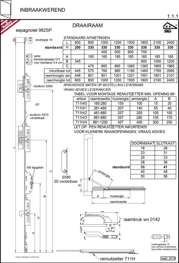 Habo inbouwespagnolet 962 SP standaard uitvoering 33/330 mm SKG**-5174
