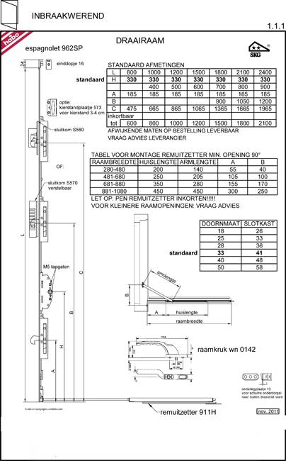 Habo 962SP inbouw raam espagnolet SKG** krukgat hoogte 500 mm, doormaat 33 mm lengte voorplaat 1200 mm, SKG**, inkortbaar tot 1000 mm, met 2 haakschoten-5780