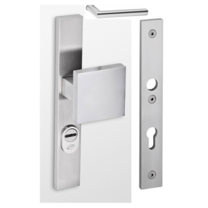 JNF IN.03.065.92.A voordeur veiligheidsschild smal, met vaste knop en deurkruk, met kerntrek, SKG***, massief RVS-satin, pc 92-0