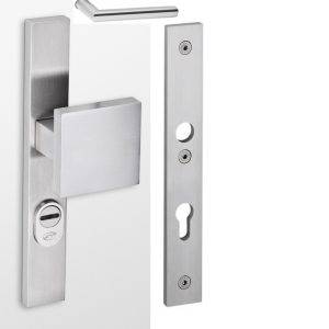 JNF IN.03.065.A.72 voordeur veiligheidsschild smal, met vaste knop en deurkruk, met kerntrek, SKG***, massief RVS-satin, pc 72 -0