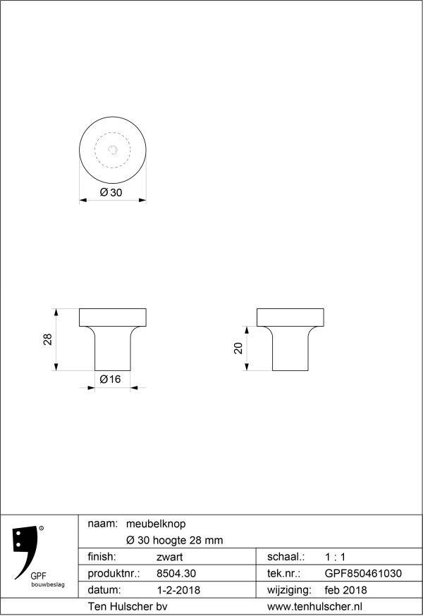 GPF 8504 meubelknop rond plat model 30 mm