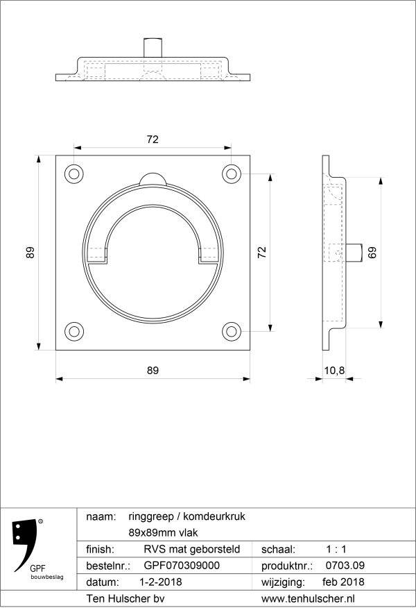 GPF 0703 ringgreep/komkruk vierkant 89 x 89 mm. RVS tekening