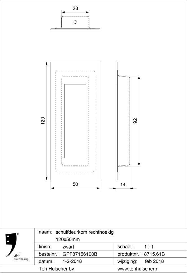 GPF 8715 schuifdeurkom rechthoekig 120 x 40 mm tekening