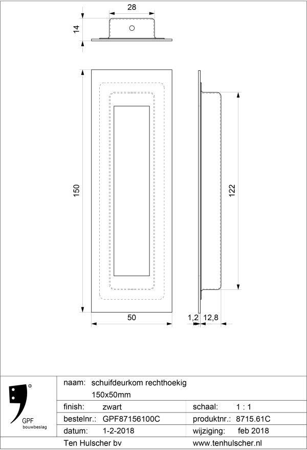 GPF 8715 schuifdeurkom rechthoekig 150 x 50 mm tekening