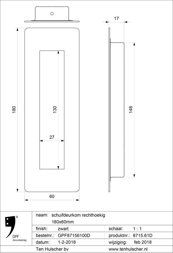 GPF 8715 schuifdeurkom rechthoekig 180 x 60 mm tekening