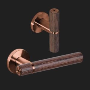 JNF Serie Wenge deurkruk L en T model op rozet, Titanium-Copper