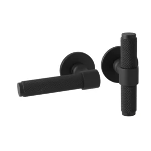 Artitec serie Raw L+T deurkruk op rond rozet geveerd Slimface 5mm, Zwart